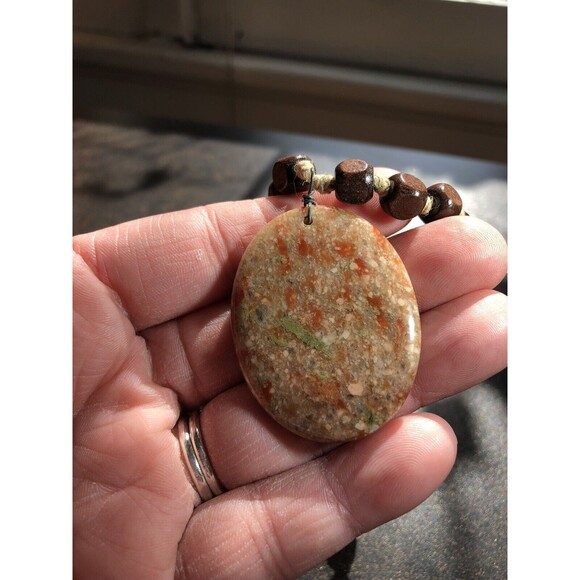 Autumn Jasper Stone Pendant Necklace w Square Wooden Beads Boho Handmade Hippie - Picture 15 of 16
